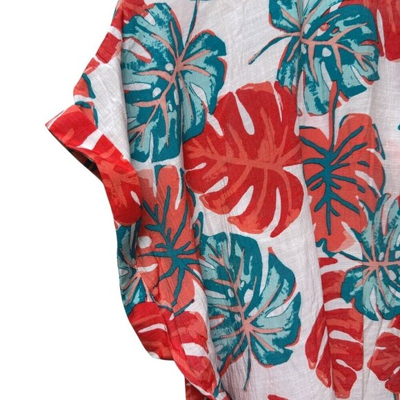Kim Rogers Top Plus Size 2X Tropical Leaf Coral Turquoise Short Sleeve Tunic - Picture 7 of 9
